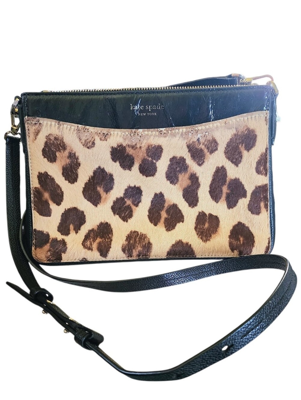 KATE SPADE Leopard Faux Fur Purse Handbag Shoulder Crossbody Brown Black Gold